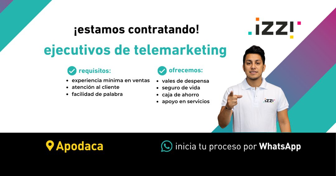 Banner del anuncio de la vacante: ¡estamos contratando! · ejecutivos de telemarketing · • requisitos: · • experiencia mínima en ventas · • atención al cliente · • facilidad d