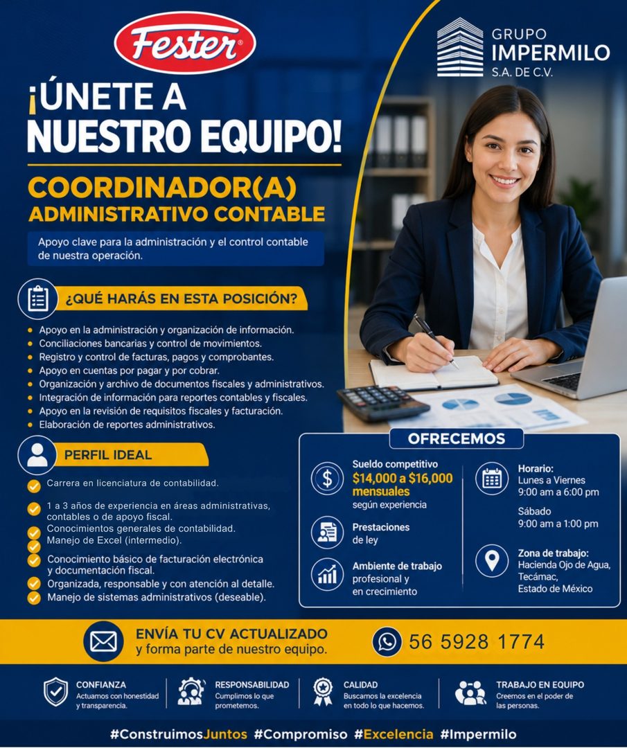 Banner del anuncio de la vacante: Fester® · ¡ÚNETE A · NUESTRO EQUIPO! · COORDINADOR(A) · ADMINISTRATIVO CONTABLE · Apoyo clave para la administración y el control contable ·
