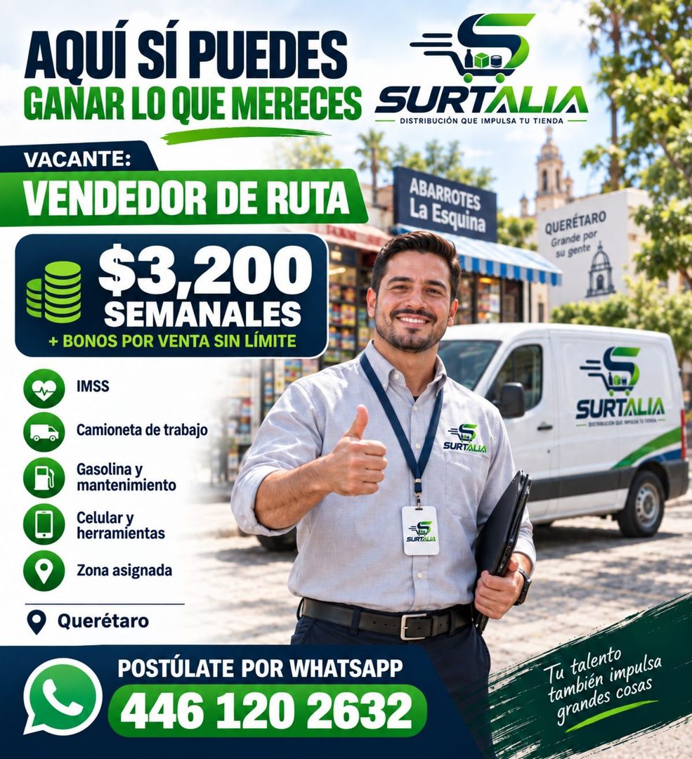 Banner del anuncio de la vacante: AQUÍ SÍ PUEDES · GANAR LO QUE MERECES SURTALIA · DISTRIBUCIÓN QUE IMPULSA TU TIENDA · VACANTE: · VENDEDOR DE RUTA · $3,200 · SEMANALES · + B