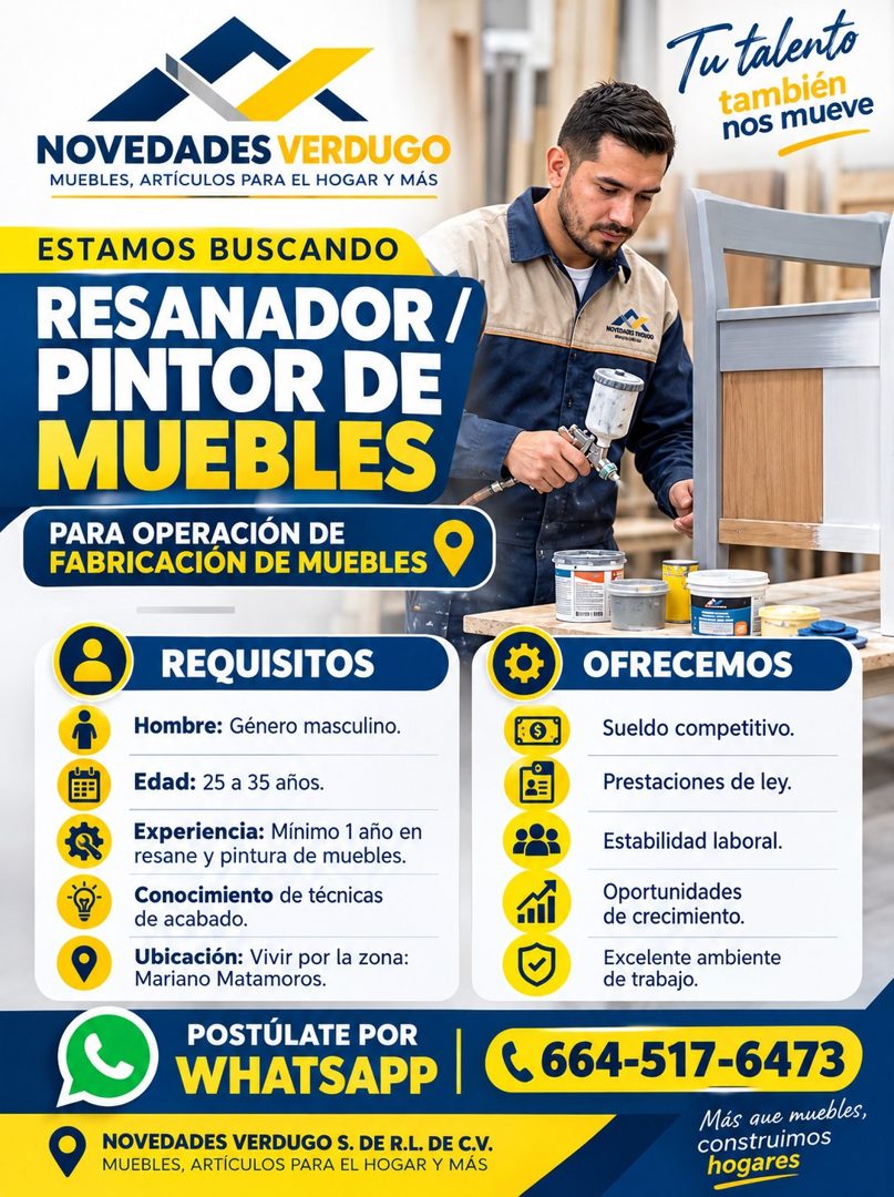 Banner del anuncio de la vacante: Tutalento · también · nos mueve · NOVEDADES VERDUGO · MUEBLES, ARTICULOS PARA EL HOGAR Y MÁS · ESTAMOS BUSCANDO · RESANADOR/ · PINTOR DE · M