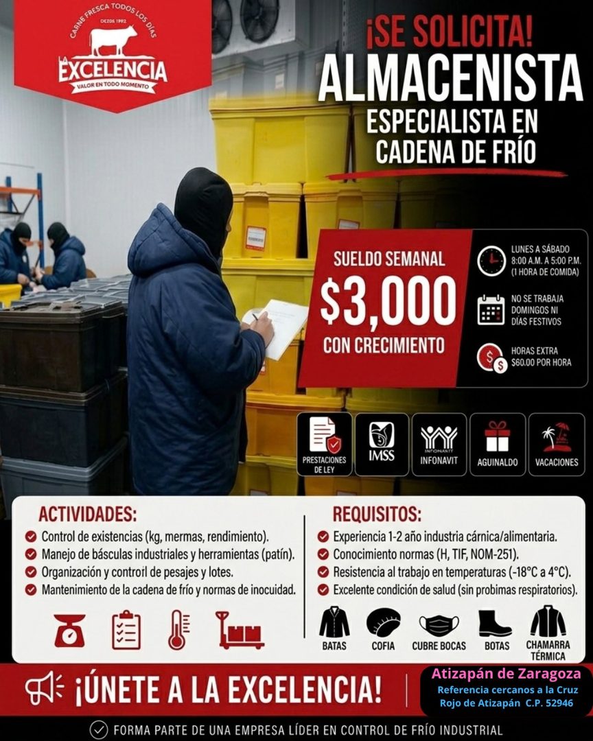 Banner del anuncio de la vacante: DELOS TP92 · EXCELENCIA · VALOR EN TODO MOMENTO · ¡SE SOLICITA! · ALMACENISTA · ESPECIALISTA EN · CADENA DE FRÍO · SUELDO SEMANAL · $3,000 ·