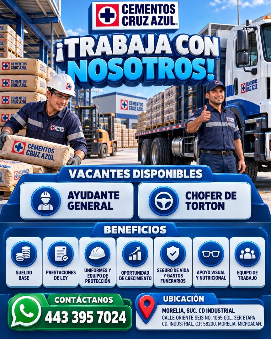 Banner del anuncio de la vacante: CEMENTOS · CRUZ AZUL · CEMENTOS · CRUZ AZUL · CEMENTOS · CRUZ AZUL · CEMENTOS · CRUZ AZUL. · ¡TRABAJA CON · NOSOTROS!! · T CEMENTOS · O CRUZ