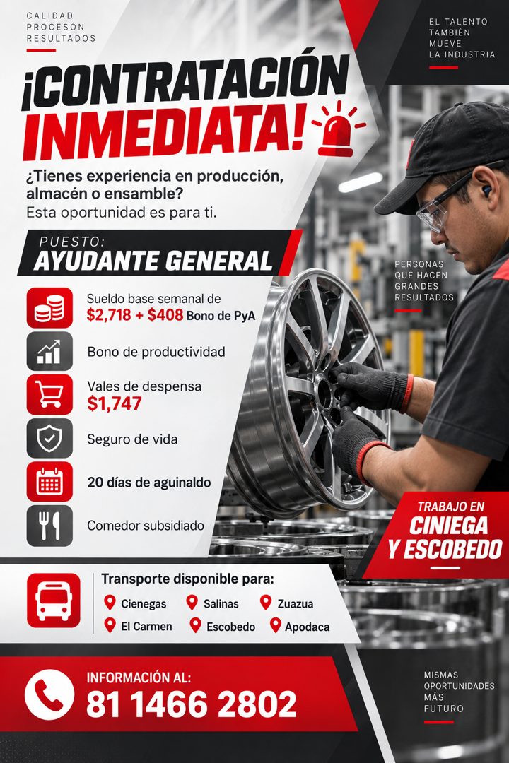 Banner del anuncio de la vacante: CALIDAD · PROCESON · RESULTADOS · ¡CONTRATACIÓN · INMEDIATA! *- · ¿Tienes experiencia en producción, · almacén o ensamble? · Esta oportunida