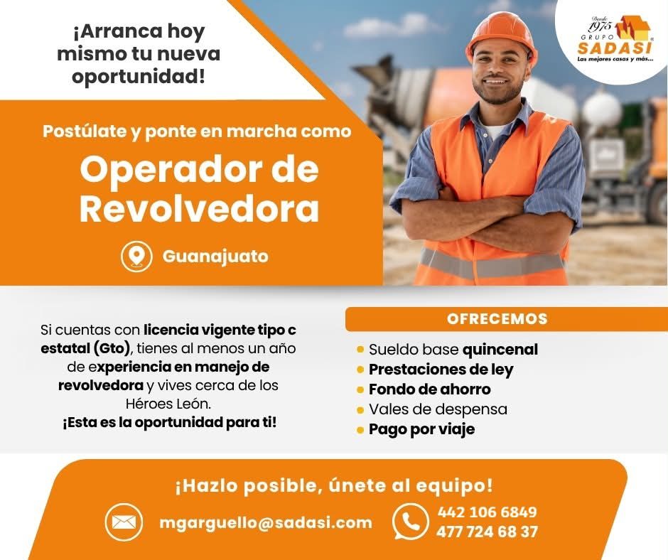 Banner del anuncio de la vacante: ¡Arranca hoy · mismo tu nueva · oportunidad! · Postúlate y ponte en marcha como · Operador de · Revolvedora · Guanajuato · 19%5 · GRUPO · SA