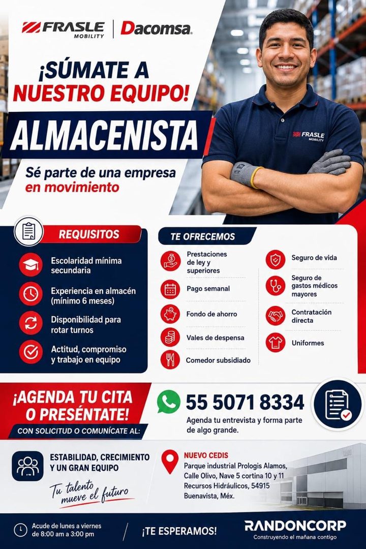 Banner del anuncio de la vacante: Z FRASLE · MOBILITY · Dacomsa. · ¡SÚMATE A · NUESTRO EQUIPO! · ALMACENISTA · Sé parte de una empresa · en movimiento · VA FRASLE · MOBILITY 