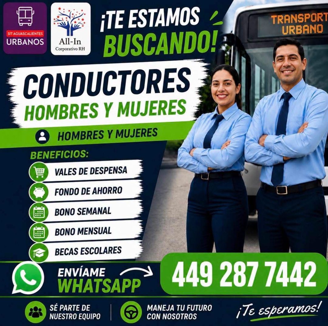 Banner del anuncio de la vacante: SIT AGUASCALIENTES · URBANOS · All-In · Corporativo RH · ¡TE ESTAMOS · BUSCANDO! · CONDUCTORES · HOMBRES Y MUJERES · HOMBRES Y MUJERES · BEN