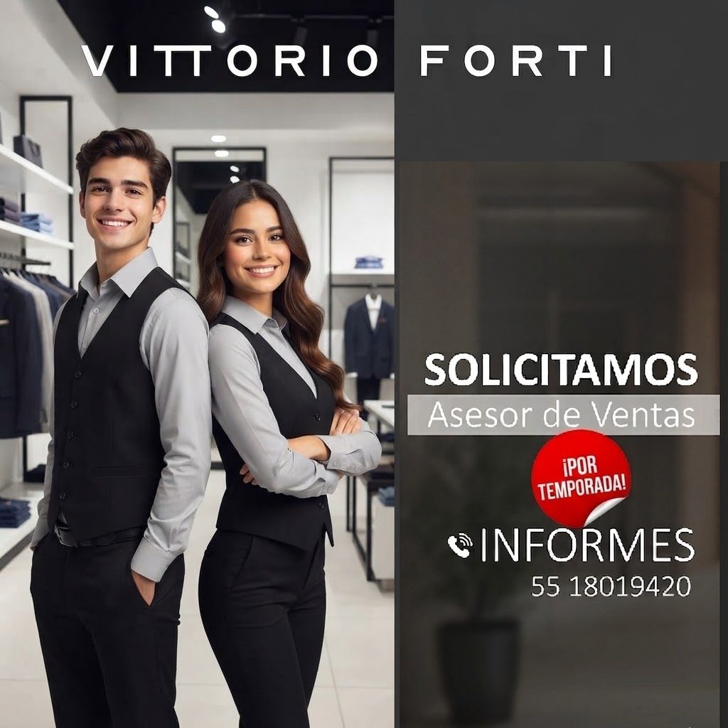 Banner del anuncio de la vacante: VITTORIO FORTI · SOLICITAMOS · Asesor de Ventas · ¡POR · TEMPORADA! · INFORMES · 55 18019420