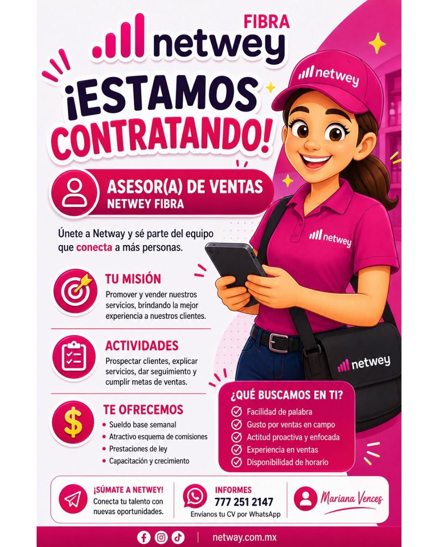 Banner del anuncio de la vacante: FIBRA · •Il netwey · ¡ESTAMOS · CONTRATANDO! · 8 MESE ELA) DE VENTAS · NETWEY FIBRA · al netwey · Únete a Netway y sé parte del equipo · que