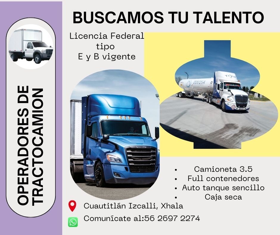 Banner del anuncio de la vacante: OPERADORES DE · TRACTOCAMION · BUSCAMOS TU TALENTO · Licencia Federal · tipo · E y B vigente · ODEOSA · Camioneta 3.5 · • · Full contenedore