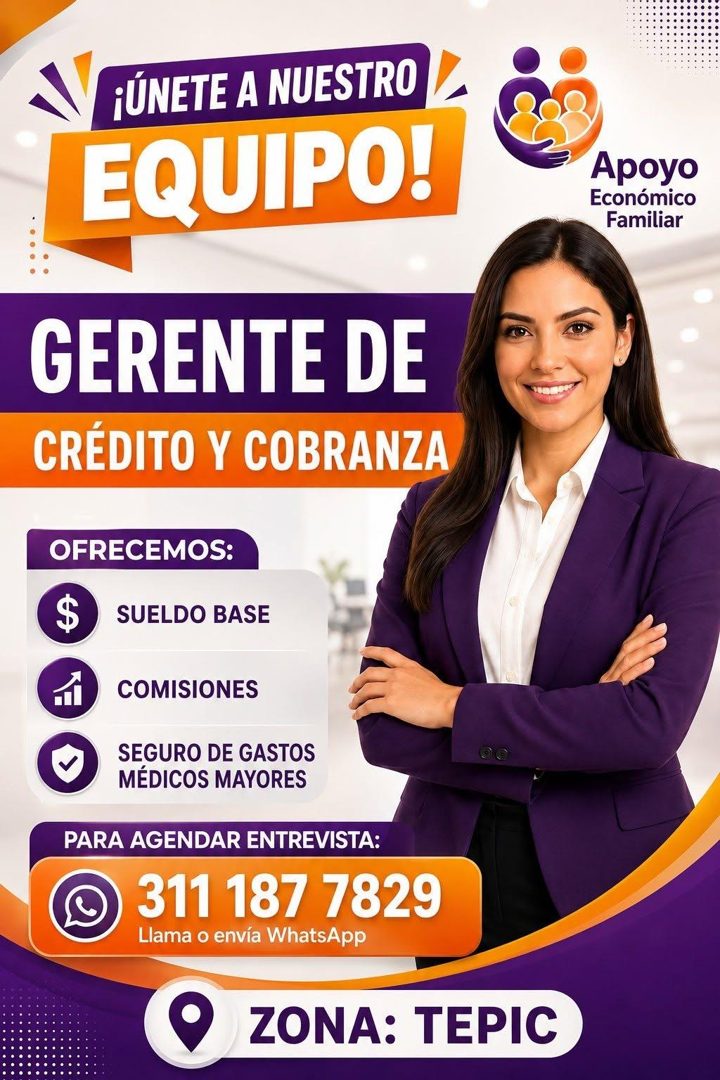 Banner del anuncio de la vacante: ¡ÚNETE A NUESTRO · EQUIPO! · Apoyo · Económico · Familiar · GERENTE DE · CRÉDITO Y COBRANZA · OFRECEMOS: · SUELDO BASE · COMISIONES · SEGURO