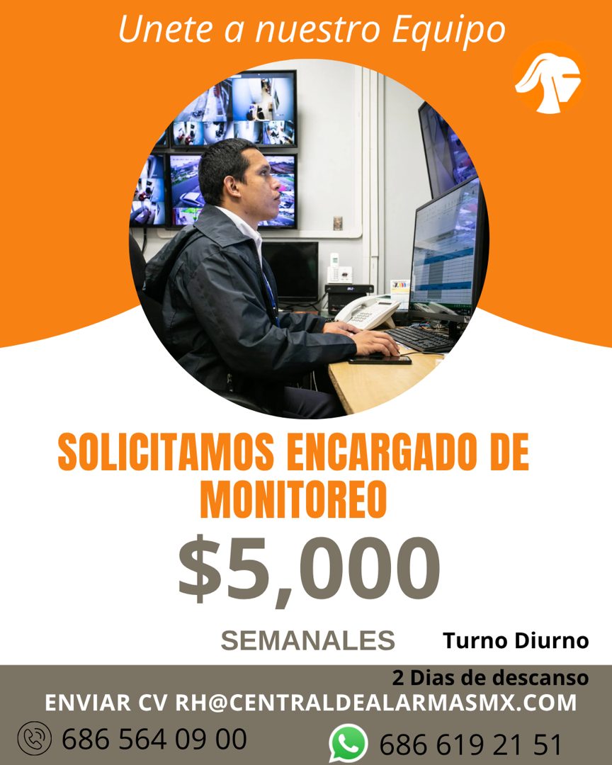 Banner del anuncio de la vacante: Unete a nuestro Equipo · SOLICITAMOS ENCARGADO DE · MONITOREO · $5,000 · SEMANALES · Turno Diurno · 2 Dias de descanso · ENVIAR CV RH@CENTRA
