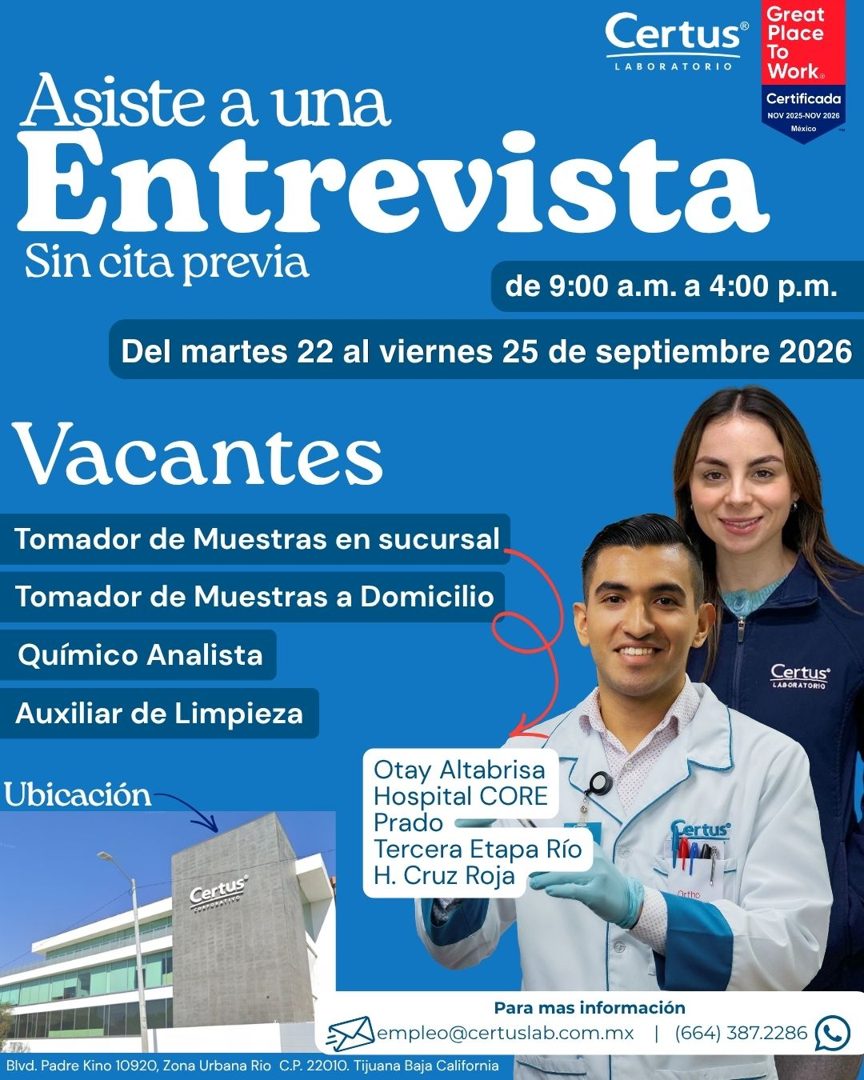 Banner del anuncio de la vacante: Asiste a una · Certus® · LABORATORIO · Great · Place · To · Work® · Certificada · NOV 2025-NOV 2026 · México · Entrevista · Sin cita previa 