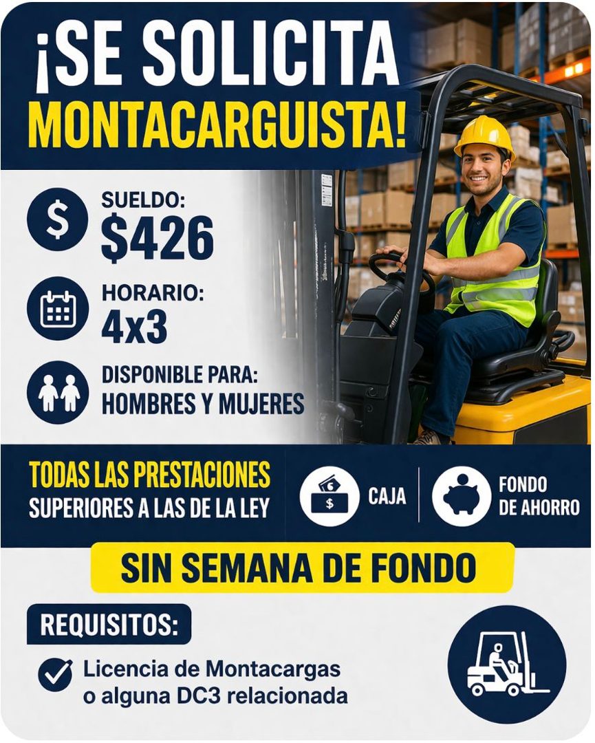 Banner del anuncio de la vacante: ¡SE SOLICITA · MONTACARGUISTA! · S · SUELDO: · $426 · HORARIO: · 4x3 · DISPONIBLE PARA: · HOMBRES Y MUJERES · TODAS LAS PRESTACIONES · SUPER