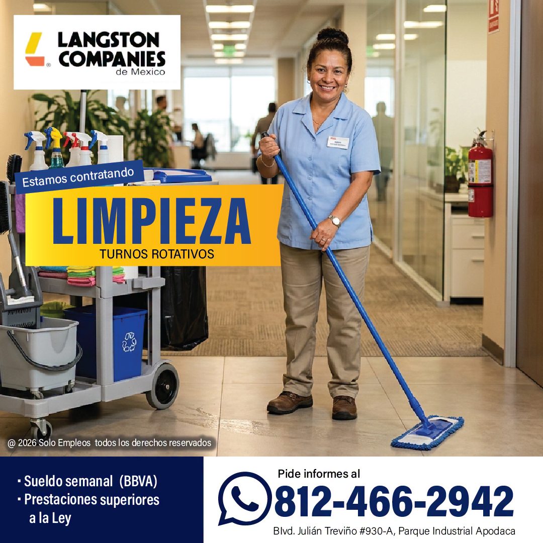 Banner del anuncio de la vacante: LANGSTON · COMPANIES · de Mexico · Estamos contratando · LIMPIEZA · TURNOS ROTATIVOS · @ 2026 Solo Empleos todos los derechos reservados · •