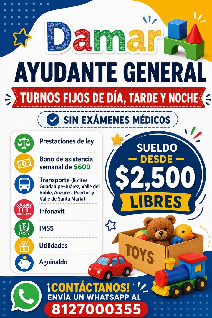 Banner del anuncio de la vacante: Damar · AYUDANTE GENERAL · TURNOS FIJOS DE DÍA, TARDE Y NOCHE · INFONAVIT · IMSS · V SIN EXÁMENES MÉDICOS · Prestaciones de ley · Bono de as