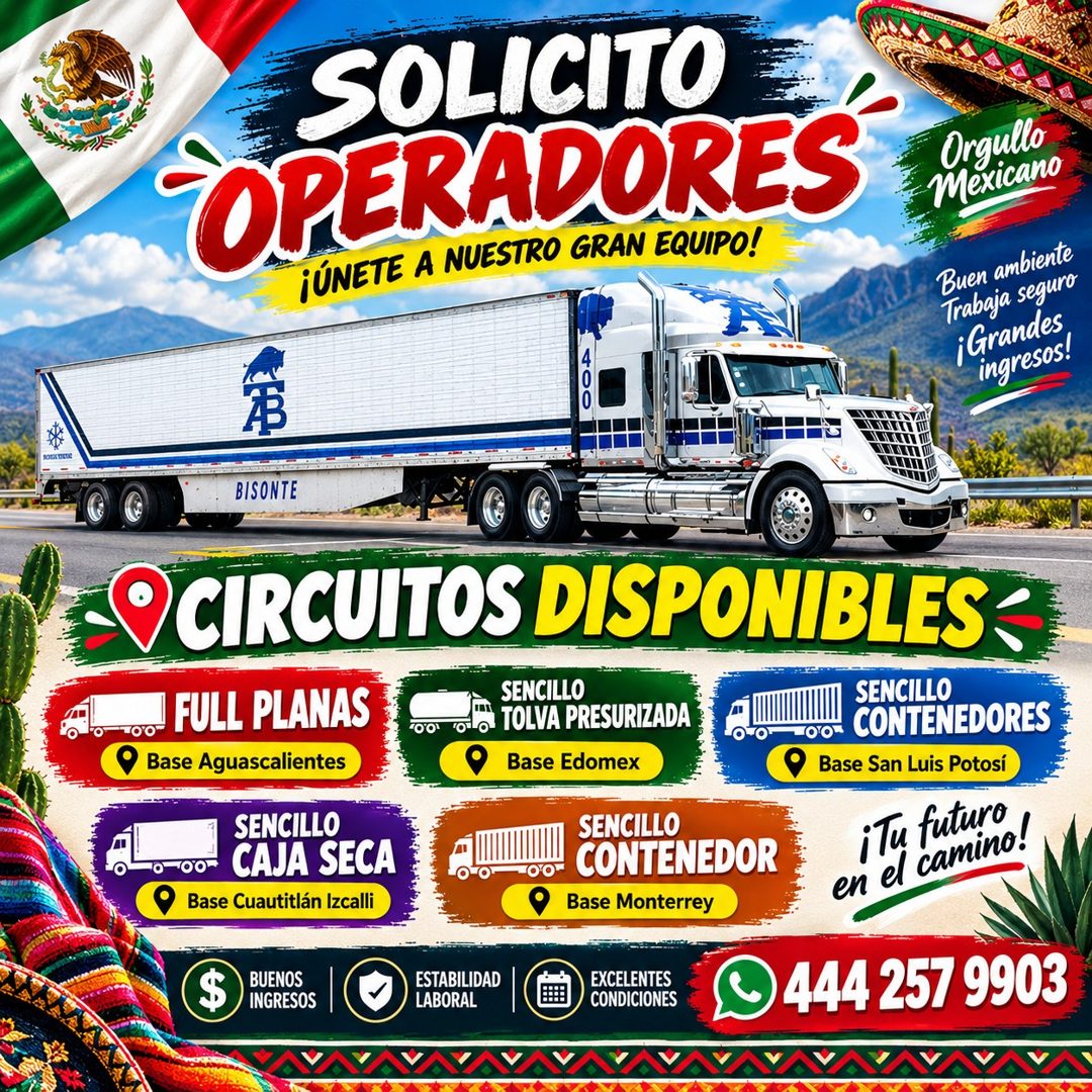 Banner del anuncio de la vacante: SOLICITO · OPERADORES · ¡ÚNETE A NUESTRO GRAN EQUIPO! · Orgullo · Mexicano · Buen ambiente · Trabaja seguro · ;Grandes · ingresos! · HUNA SA