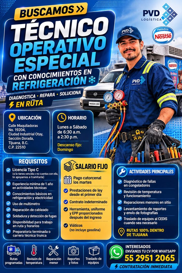 Banner del anuncio de la vacante: BUSCAMOS » · TÉCNICO · OPERATIVO · ESPECIAL · CON CONOCIMIIENTOS EN · REFRIGERACION * · DIAGNOSTICA • REPARA • SOLUCIONA · 4 EN RUTA · NISSA
