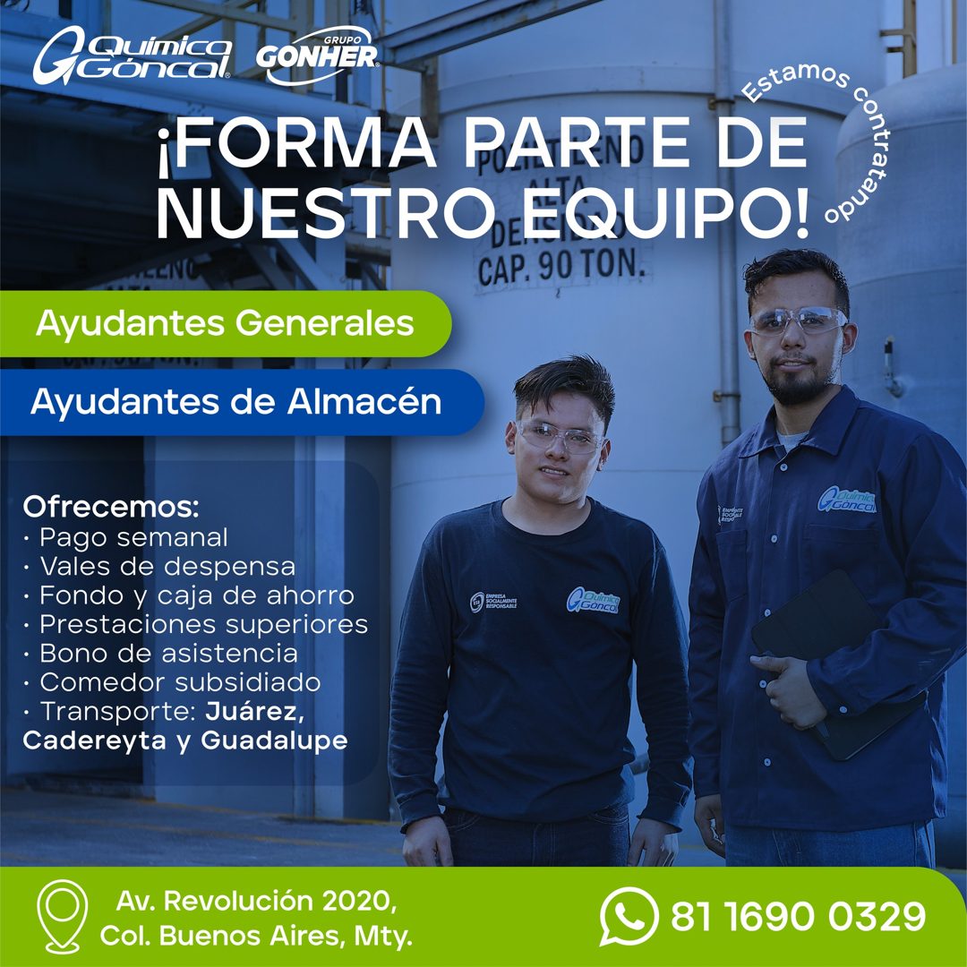 Banner del anuncio de la vacante: ¡FORMA PARTE DE · NUESTRO, EQUIPO! · LCN · CAP. 90 TON, · Ayudantes Generales · Ayudantes de Almacén · Ofrecemos: · • Pago semanal · • Vales