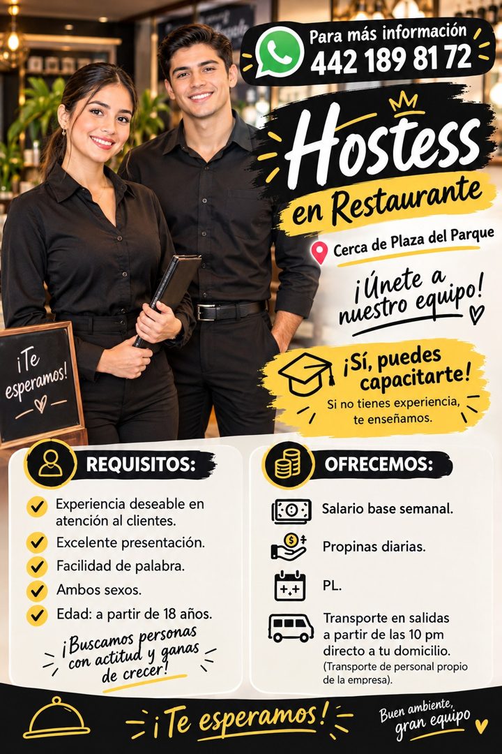 Banner del anuncio de la vacante: Para más información · 442 189 81 72 · esperamos! · REQUISITOS: · Experiencia deseable en · atención al clientes. · Excelente presentación. 