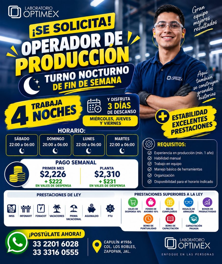 Banner del anuncio de la vacante: LABORATORIO · OPTIMEX · ¡SE SOLICITA! · ‹ OPERADOR DE D · PRODUCCION · TURNO NOCTURNO · DE FIN DE SEMANA · TRABAJA · 4 · NOCHES · Y DISFRUTA