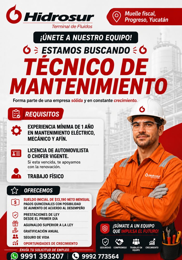 Banner del anuncio de la vacante: Hidrosur · Terminal de Fluidos · Muelle fiscal, · Progreso, Yucatán · ¡ÚNETE A NUESTRO EQUIPO! · O ÷ ESTAMOS BUSCANDO = O · TÉCNICO DE · MAN