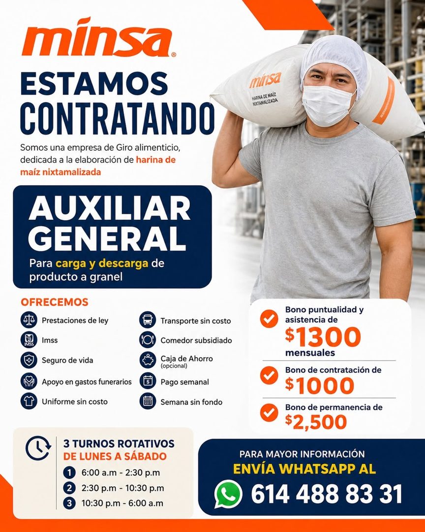 Banner del anuncio de la vacante: minsa. · ESTAMOS · CONTRATANDO · Somos una empresa de Giro alimenticio, · dedicada a la elaboración de harina de · maíz nixtamalizada · AUXI