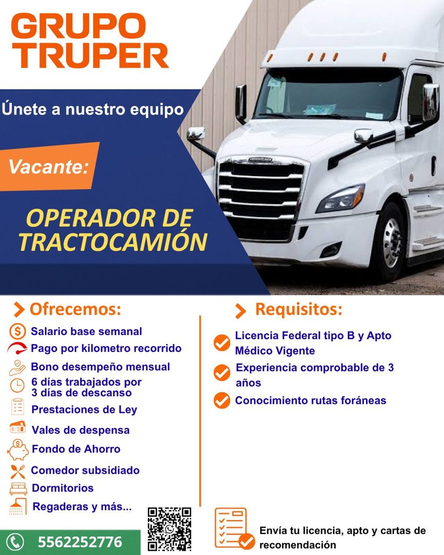 Banner del anuncio de la vacante: GRUPO · TRUPER · Únete a nuestro equipo · Vacante: · OPERADOR DE · TRACTOCAMIÓN · > Ofrecemos: · Salario base semanal · Pago por kilometro r