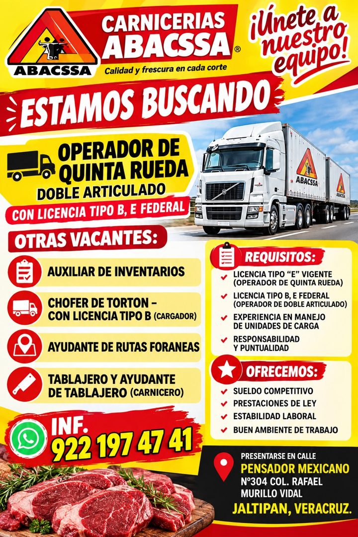 Banner del anuncio de la vacante: CARNICERIAS · ¡linete, a · ABACSSA® · nuestro · ABACSSA · Calidad y frescura en cada corte · equipo! · -ESTAMOS BUSCANDO€ · OPERADOR DE · •Q