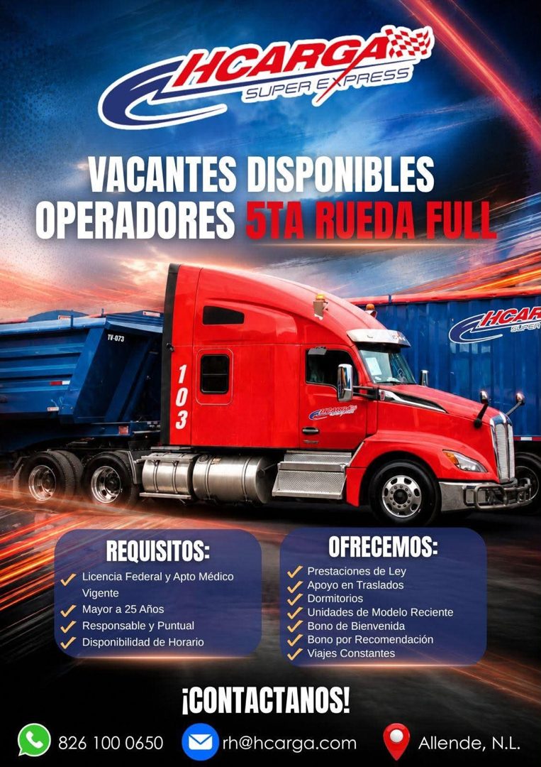 Banner del anuncio de la vacante: SUPEREXPRESS · VACANTES DISPONIBLES · OPERADORES STA RUEDA FULI · THGA · SUPE · WN-073 · REQUISITOS: · Licencia Federal y Apto Médico · Vige