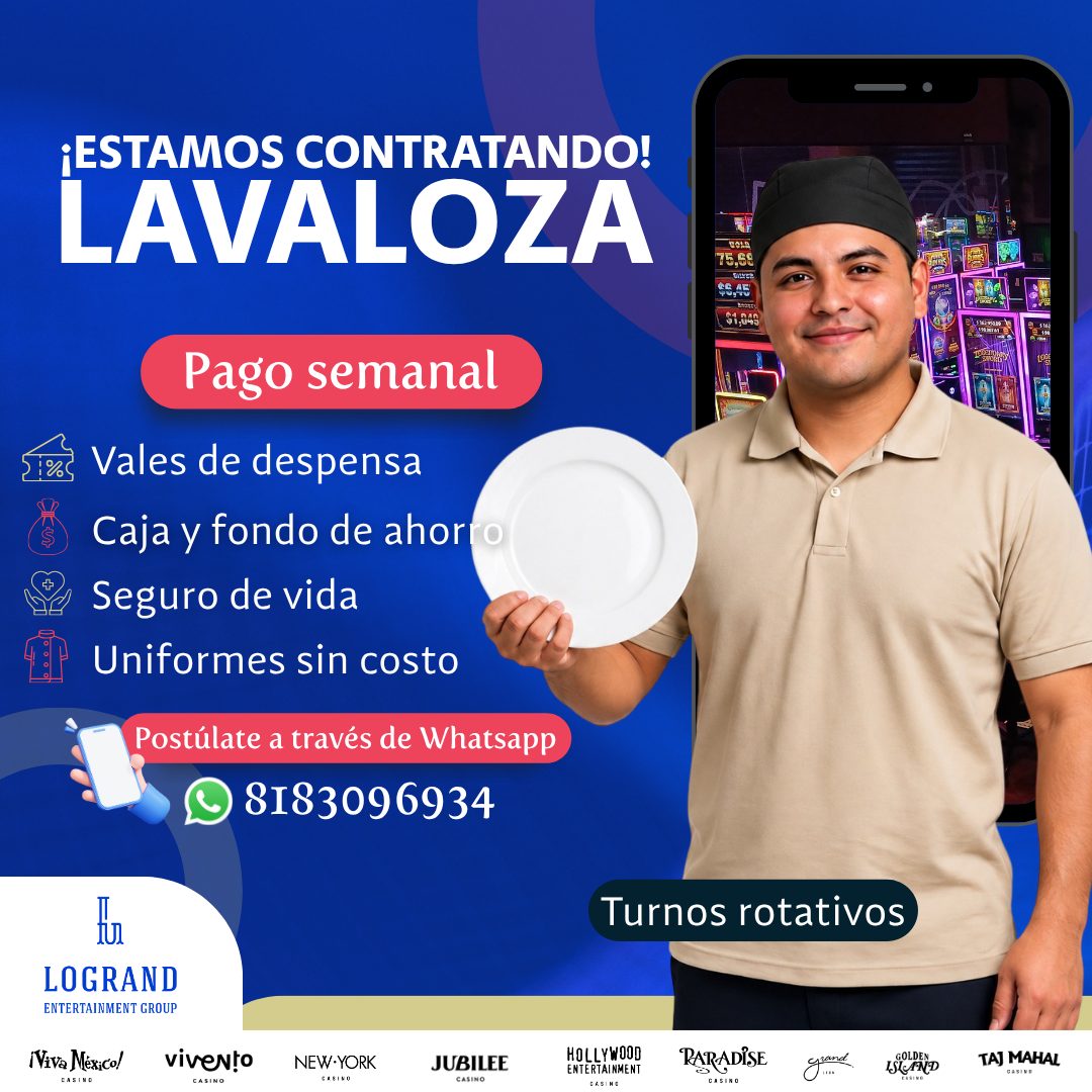 Banner del anuncio de la vacante: ¡ESTAMOS CONTRATANDO! · LAVALOZA · COLA · 91,04 · Pago semanal · Vales de despensa · Caja y fondo de ahor · Seguro de vida · Uniformes sin c