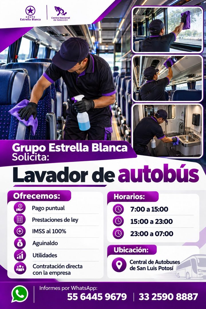 Banner del anuncio de la vacante: GRUPO · Estrella Blanca · Centro Nacional · de Selección · Grupo Estrella Blanca · Solicita: · Lavador de autobús · Ofrecemos: · Pago puntua