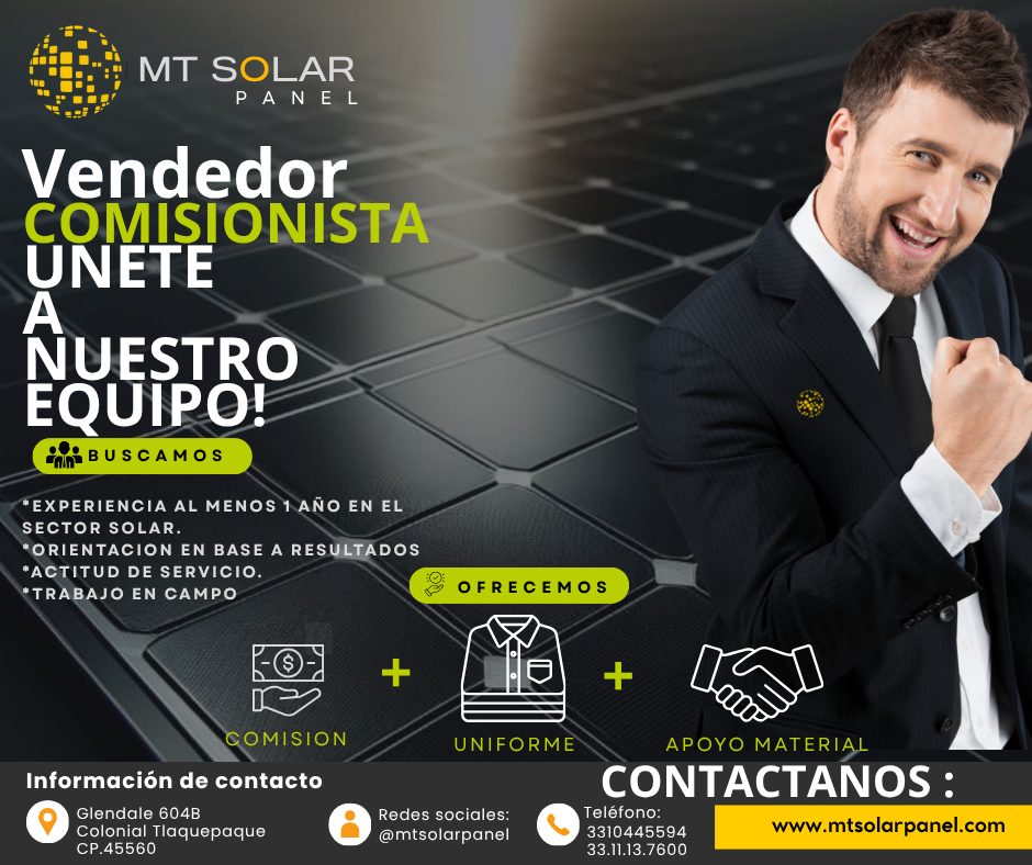 Banner del anuncio de la vacante: MT SOLAR · PANEL · Vendedor · COMISIONISTA · UNETE · NUESTRO · EQUIPO! · iNN BUSCAMOS · *EXPERIENCIA AL MENOS 1 AÑO EN EL · SECTOR SOLAR. · 