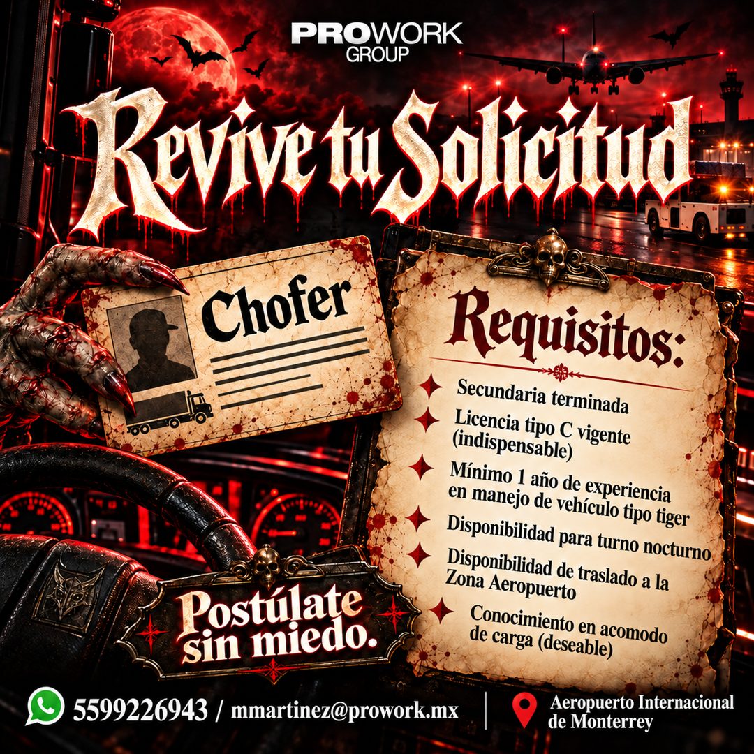 Banner del anuncio de la vacante: PROWORK · GROUP · Revive tu Solicitud · Chofer · Postúlate · sin miedo. · 5599226943 / mmartinez@prowork.mx · Requisitos: · Secundaria termi