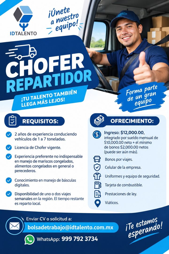 Banner del anuncio de la vacante: iúnete · a nuestro · equipo! · IDTALENTO · CHOFER · REPARTIDOR · ¡TU TALENTO TAMBIÉN · LLEGA MÁS LEJOS! · Forma parte · de un gran · equipo 
