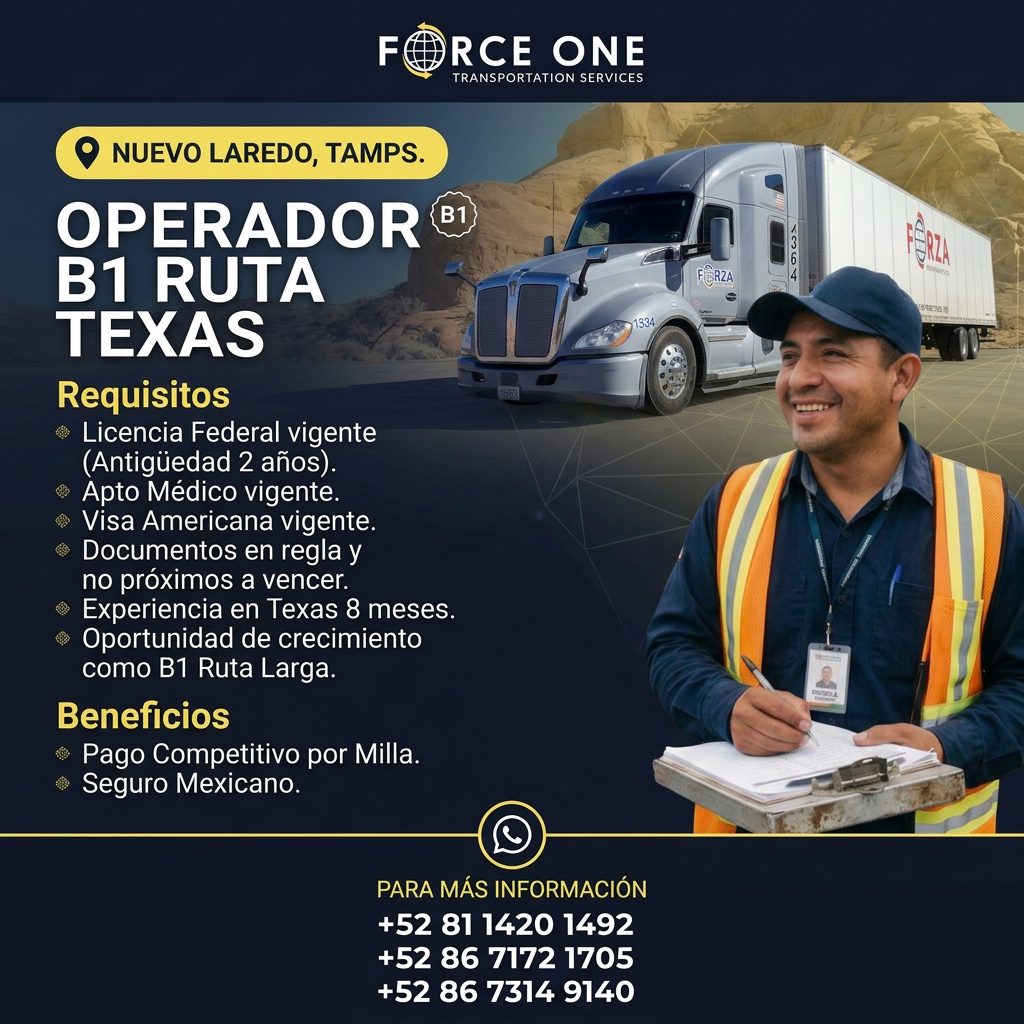 Banner del anuncio de la vacante: F · ARCE ONE · TRANSPORTATION SERVICES · NUEVO LAREDO, TAMPS. · OPERADOR · (B1) · B1 RUTA · TEXAS · Requisitos · • Licencia Federal vigente 