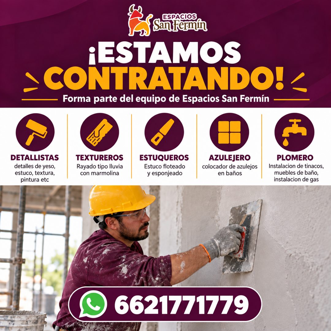 Banner del anuncio de la vacante: ESPACIOS · San Fermin · ¡ESTAMOS · - CONTRATANDO! < · Forma parte del equipo de Espacios San Fermín · DETALLISTAS · detalles de yeso, · estu