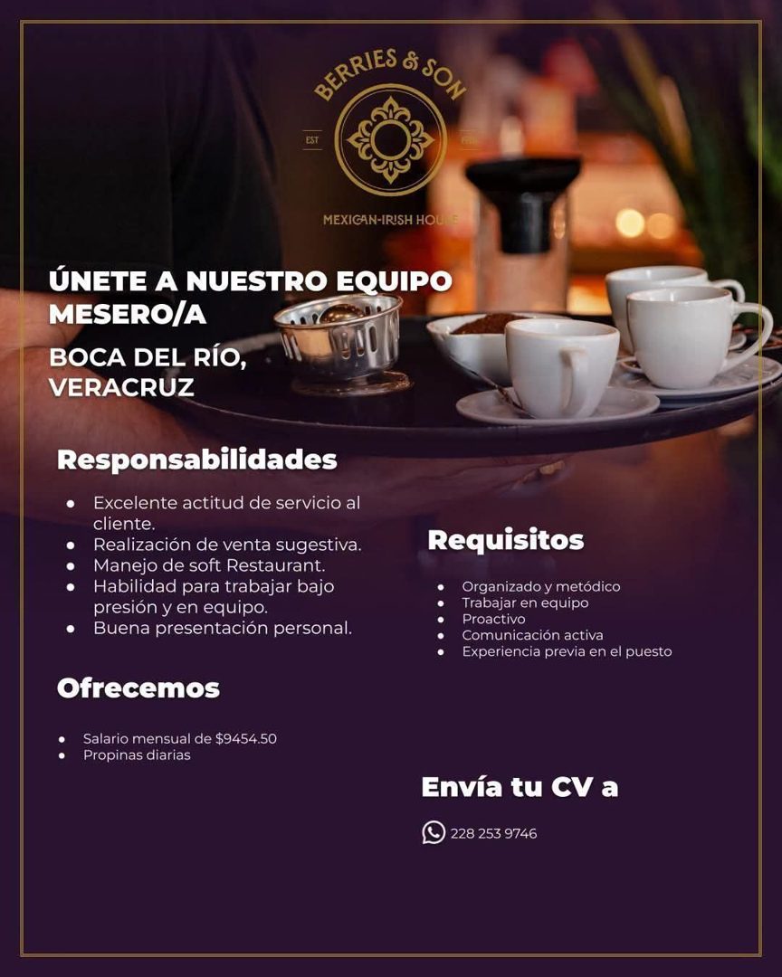 Banner del anuncio de la vacante: SERRIES & SON · MEXICAN IRISH HOLE · ÚNETE A NUESTRO EQUIPO · MESERO/A · BOCA DEL RIO, · VERACRUZ · Responsabilidades · • Excelente actitud 
