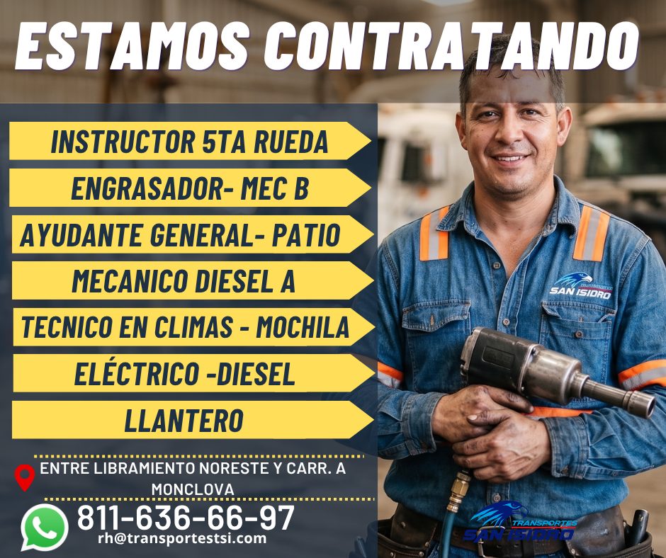 Banner del anuncio de la vacante: ESTAMOS CONTRATANDO · INSTRUCTOR 5TA RUEDA · ENGRASADOR- MEC B · MECANICO DIESEL A · SAN ISIDRO · ELÉCTRICO -DIESEL · LLANTERO · Пи...... · 