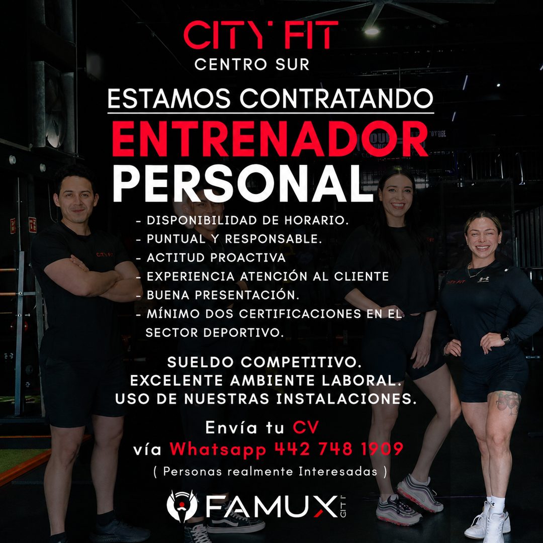 Banner del anuncio de la vacante: C 3 · CIT\' FIT · CENTRO SUR · ESTAMOS CONTRATANDO · ENTRENADOR · PERSONAL · - DISPONIBILIDAD DE HORARIO. · - PUNTUAL Y RESPONSABLE. · CIT\ 