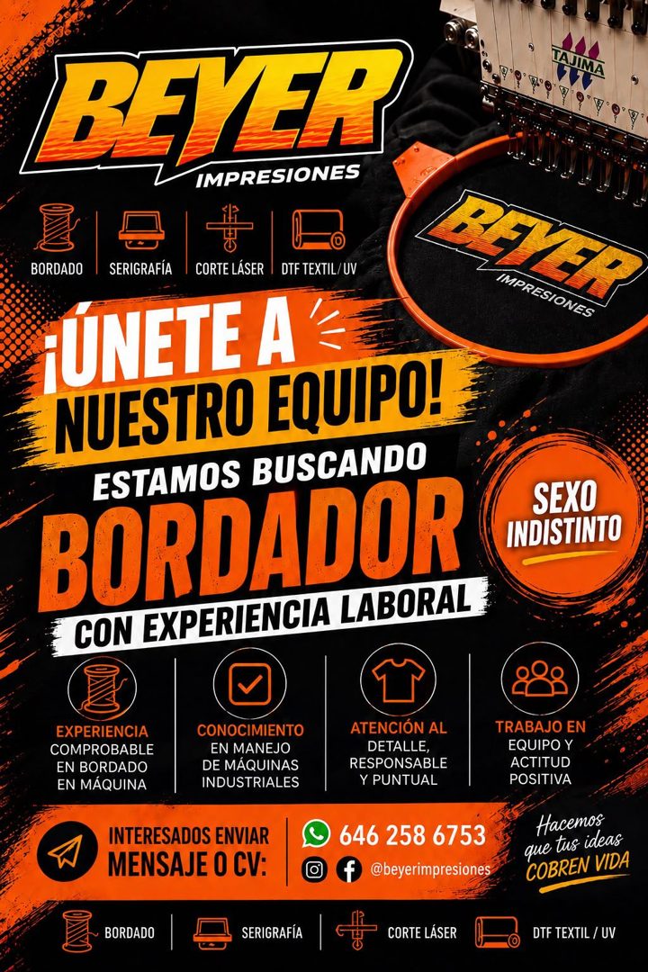 Banner del anuncio de la vacante: BEVER · IMPRESIONES · PETER · IMPRESIONES · BORDADO · SERIGRAFÍA · CORTE LÁSER · DTF TEXTIL/UV · ¡UNETE A · NUESTRO EQUIPO! · ESTAMOS BUSCAN