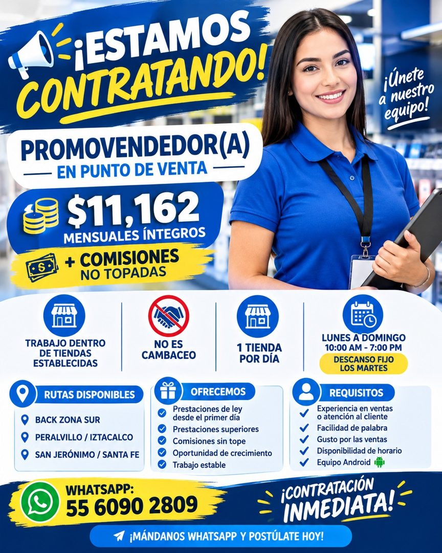 Banner del anuncio de la vacante: ¡ESTAMOS · CONTRATANDO! · PROMOVENDEDOR (A) · EN PUNTO DE VENTA - · $11,162 · MENSUALES ÍNTEGROS · + COMISIONES · NO TOPADAS · ¡Únete · a nu