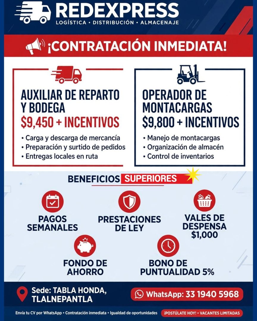 Banner del anuncio de la vacante: REDEXPRESS · LOGÍSTICA • DISTRIBUCIÓN • ALMACENAJE · ¡CONTRATACIÓN INMEDIATA! · AUXILIAR DE REPARTO · Y BODEGA · $9,450 + INCENTIVOS · • Car