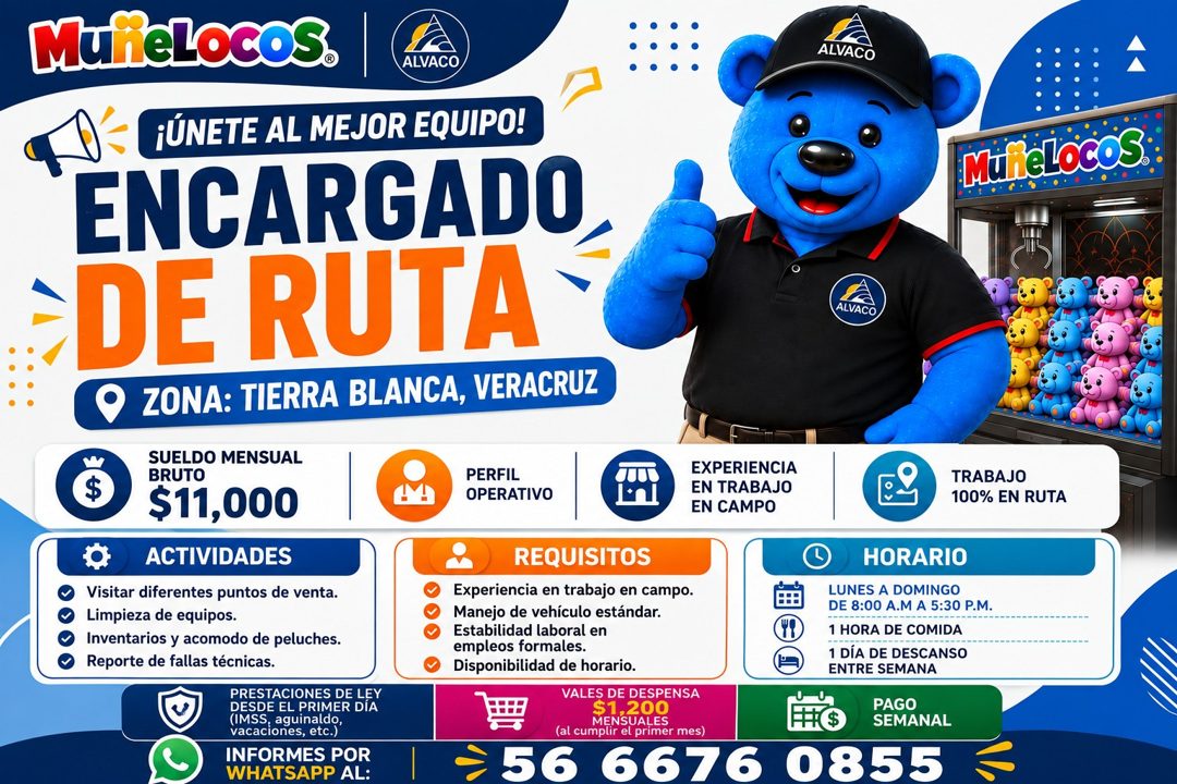 Banner del anuncio de la vacante: MuneLocos. · ALVACO · ¡ÚNETE AL MEJOR EQUIPO! · ENCARGADO · DE RUTA * · • ZONA: TIERRA BLANCA, VERACRUZ · SUELDO MENSUAL · BRUTO · $11,000 ·