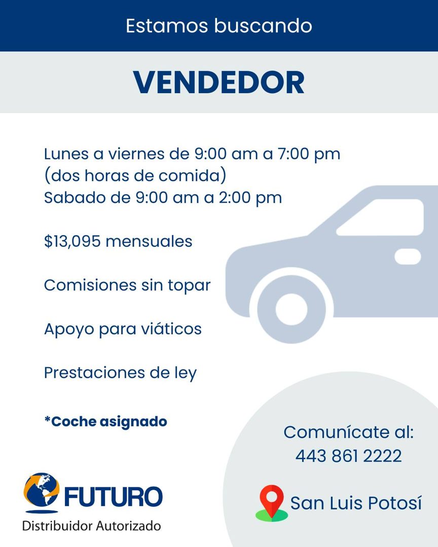 Banner del anuncio de la vacante: Estamos buscando · VENDEDOR · Lunes a viernes de 9:00 am a 7:00 pm · (dos horas de comida) · Sabado de 9:00 am a 2:00 pm · $13,095 mensuales