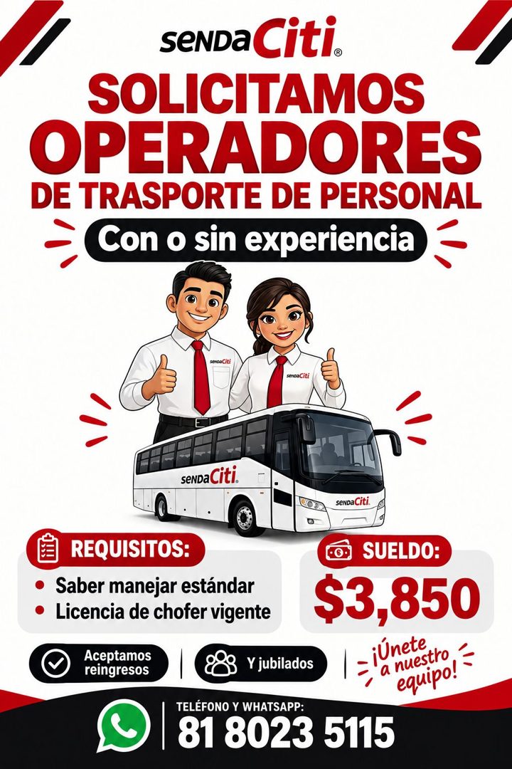 Banner del anuncio de la vacante: seNDa Citi. · SOLICITAMOS · OPERADORES · DE TRASPORTE DE PERSONAL · Con o sin experiencia · senoaCiti · sendaCiti · seNDaCiti. · seNDaCiti ·