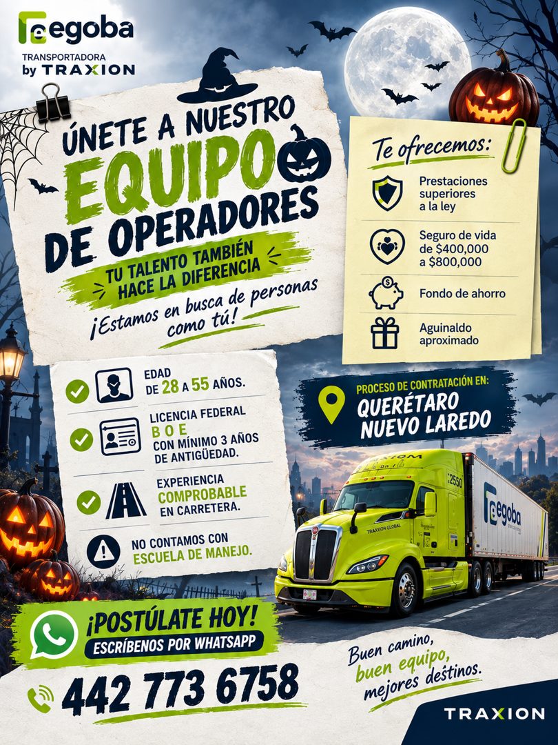 Banner del anuncio de la vacante: leegoba · TRANSPORTADORA · by TRAXION · ÚNETE A NUESTRO · * EQUIPOe · DE OPERADORES · TU TALENTO TAMBIÉN · HACE LA DIFERENCIA · ¡Estamos en 