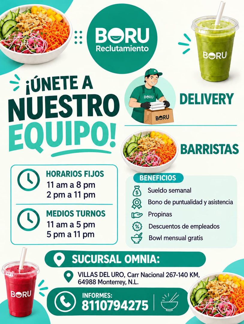 Banner del anuncio de la vacante: BORU · Reclutamiento · BORU · ¡ÚNETE A · NUESTRO · EQUIPO! · HORARIOS FIJOS · 11 am a 8 pm · 2 pm a 11 pm · MEDIOS TURNOS · 11 am a 5 pm · 5