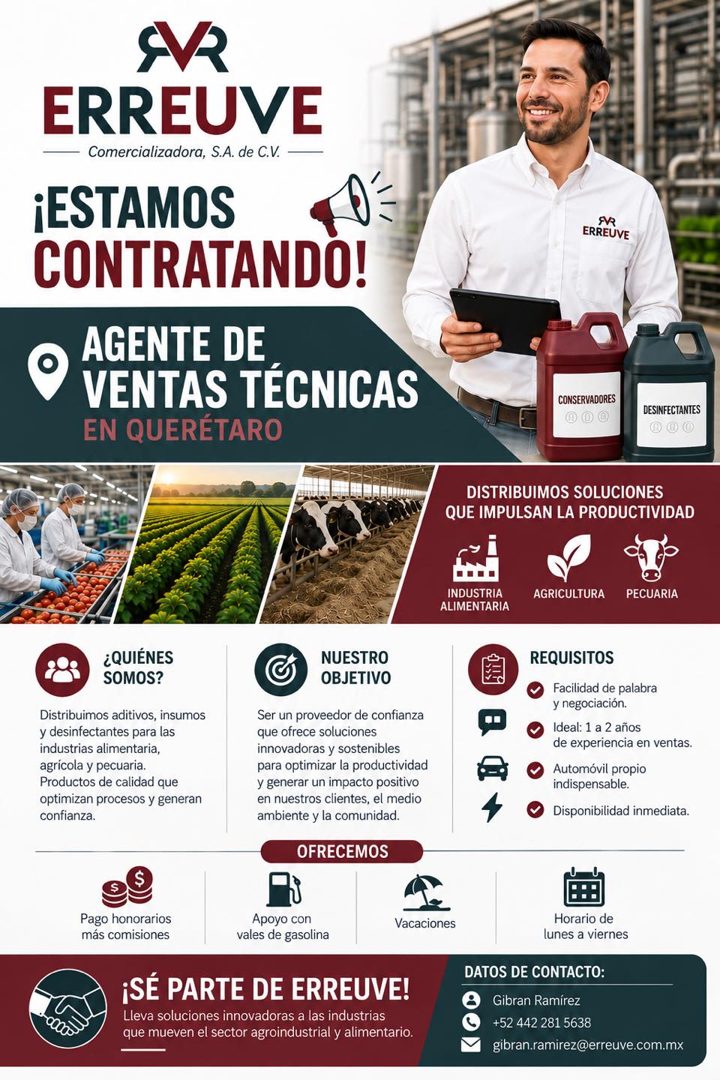 Banner del anuncio de la vacante: ERREUVE · Comercializadora, S.A. de C.V. · ¡ESTAMOS · CONTRATANDO! · AGENTE DE · VENTAS TÉCNICAS · EN QUERETARO · ERREUVE · CONSERVADORES · 