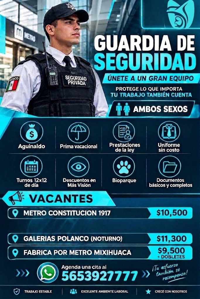 Banner del anuncio de la vacante: SEGURIDAD · PRIVADA · GUARDIA DE · SEGURIDAD · ÚNETE A UN GRAN EQUIPO · PROTEGE LO QUE IMPORTA · TU TRABAJO TAMBIÉN CUENTA · MÁ AMBOS SEXOS 