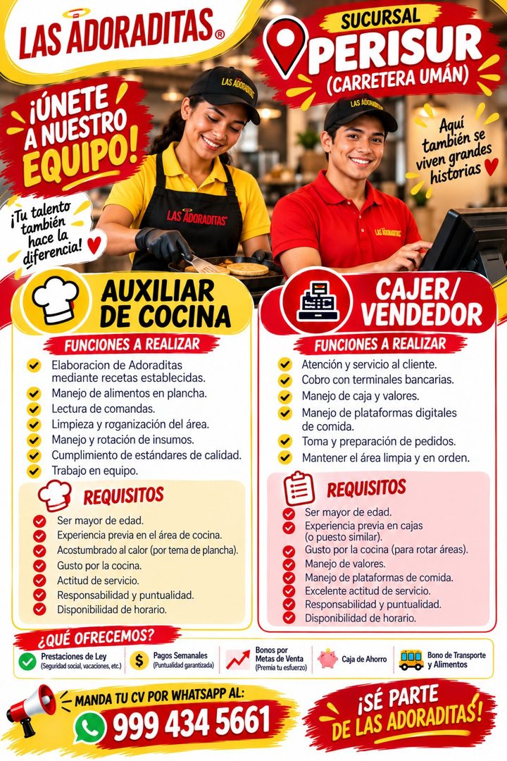 Banner del anuncio de la vacante: LAS ADORADITAS. · iÚNETE · A NUESTRO · EQUIPO! · ¡Tu talento · también · hace la · diferencia! · LAS ADORADITAS® · SUCURSAL · OPERISUR · (CA